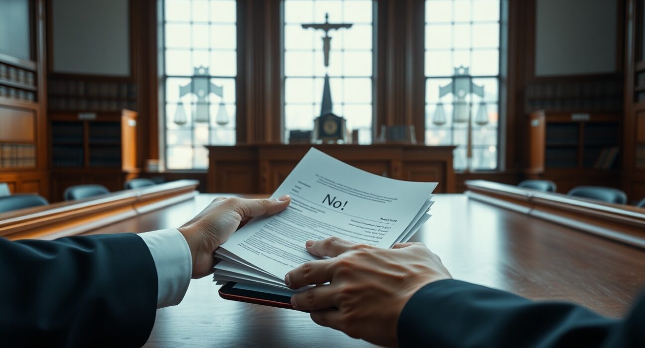 Courtroom scene with legal documents and a tablet showing a disputed 'No' verdict on a prediction market platform.