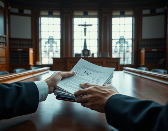 Courtroom scene with legal documents and a tablet showing a disputed 'No' verdict on a prediction market platform.