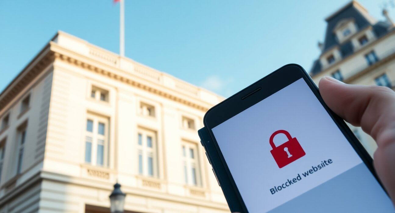 French government building exterior with a smartphone showing a blocked website message in foreground