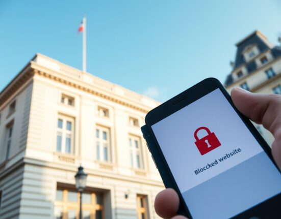 French government building exterior with a smartphone showing a blocked website message in foreground