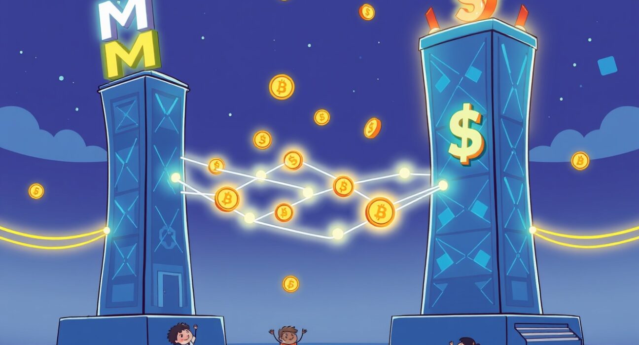 Polymarket MON USDC deposits illustrated as a vibrant connection between two blockchain networks.