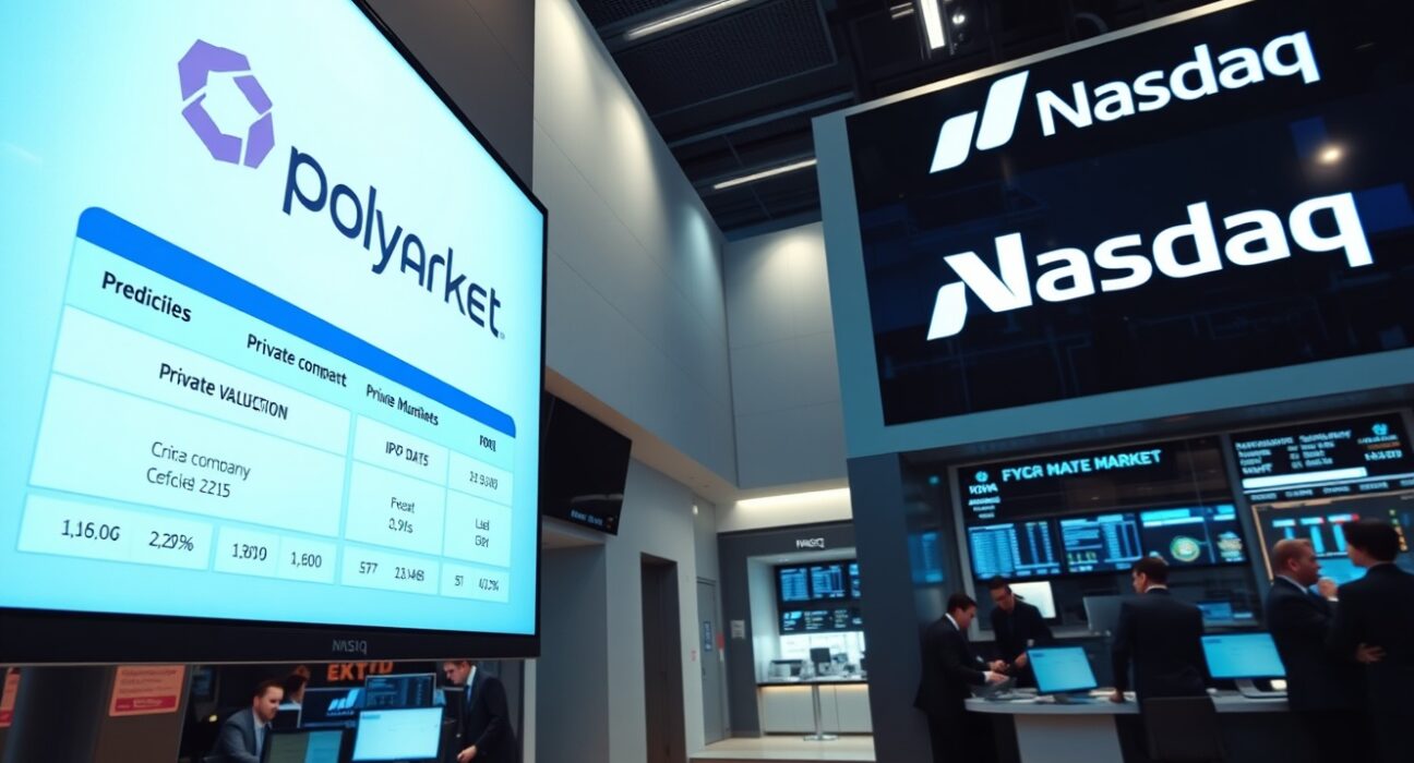 Polymarket and Nasdaq digital screens displaying prediction market data for private company valuations and IPOs in a modern trading floor setting.