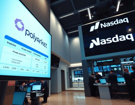 Polymarket and Nasdaq digital screens displaying prediction market data for private company valuations and IPOs in a modern trading floor setting.