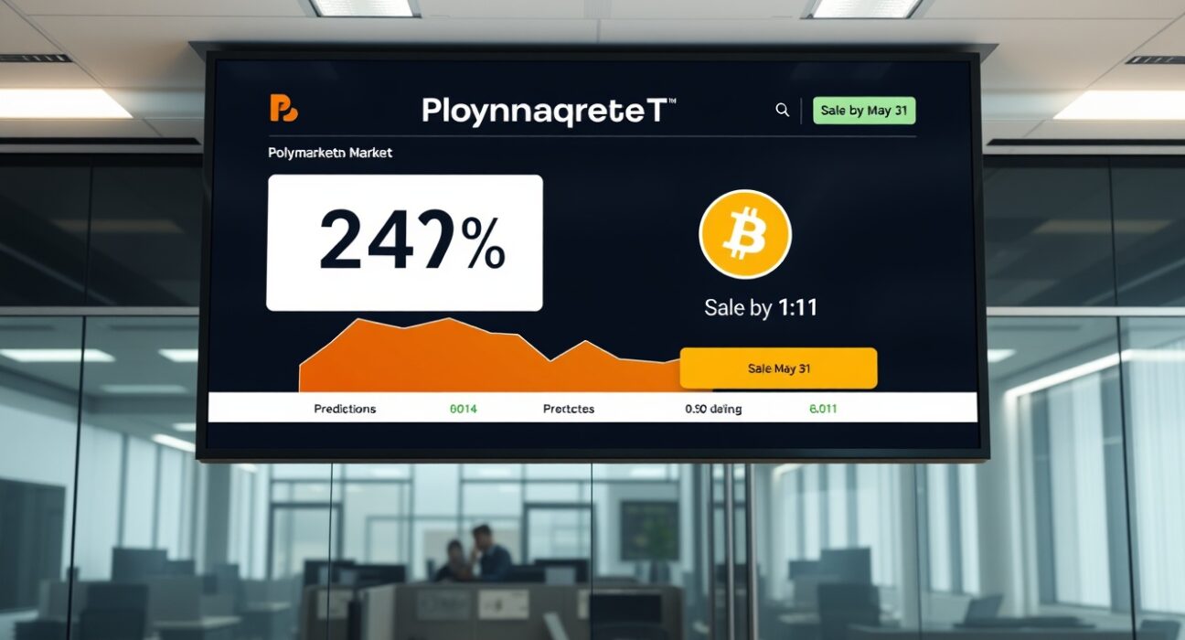 Digital display showing Polymarket prediction odds for a Bitcoin sale by May 31, with a 24% probability.