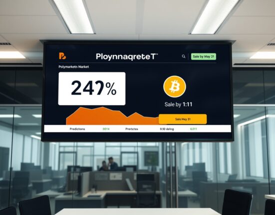 Digital display showing Polymarket prediction odds for a Bitcoin sale by May 31, with a 24% probability.