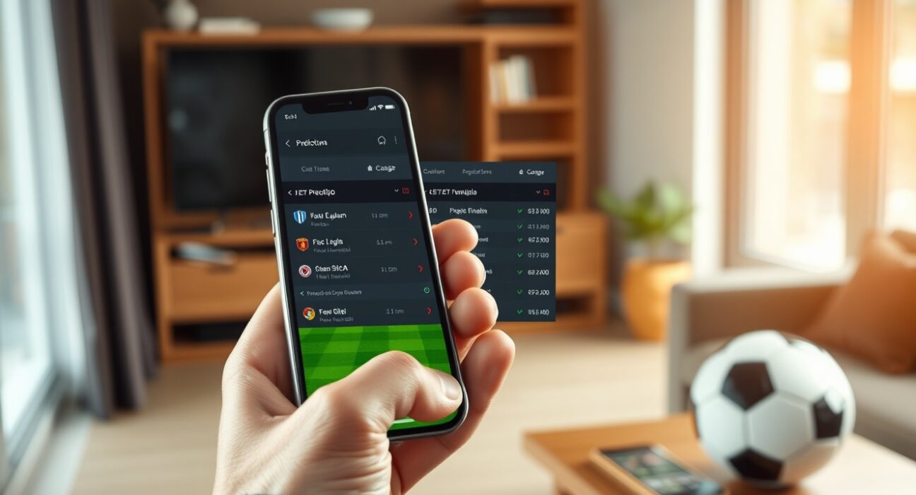 Smartphone displaying Polymarket prediction market interface with a soccer ball nearby
