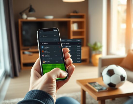 Smartphone displaying Polymarket prediction market interface with a soccer ball nearby