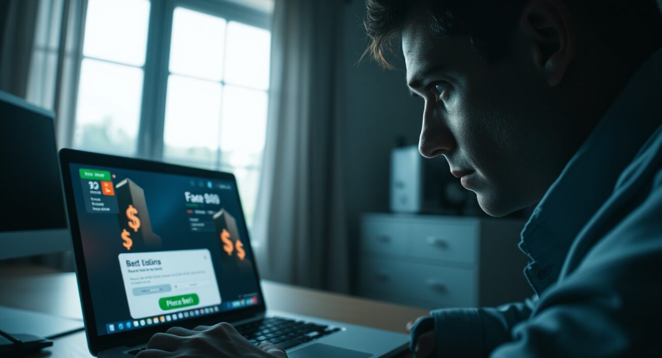 Person watching a laptop screen showing a fake betting interface on Polymarket, with a serious expression in a home office.
