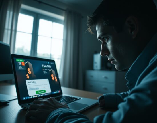 Person watching a laptop screen showing a fake betting interface on Polymarket, with a serious expression in a home office.