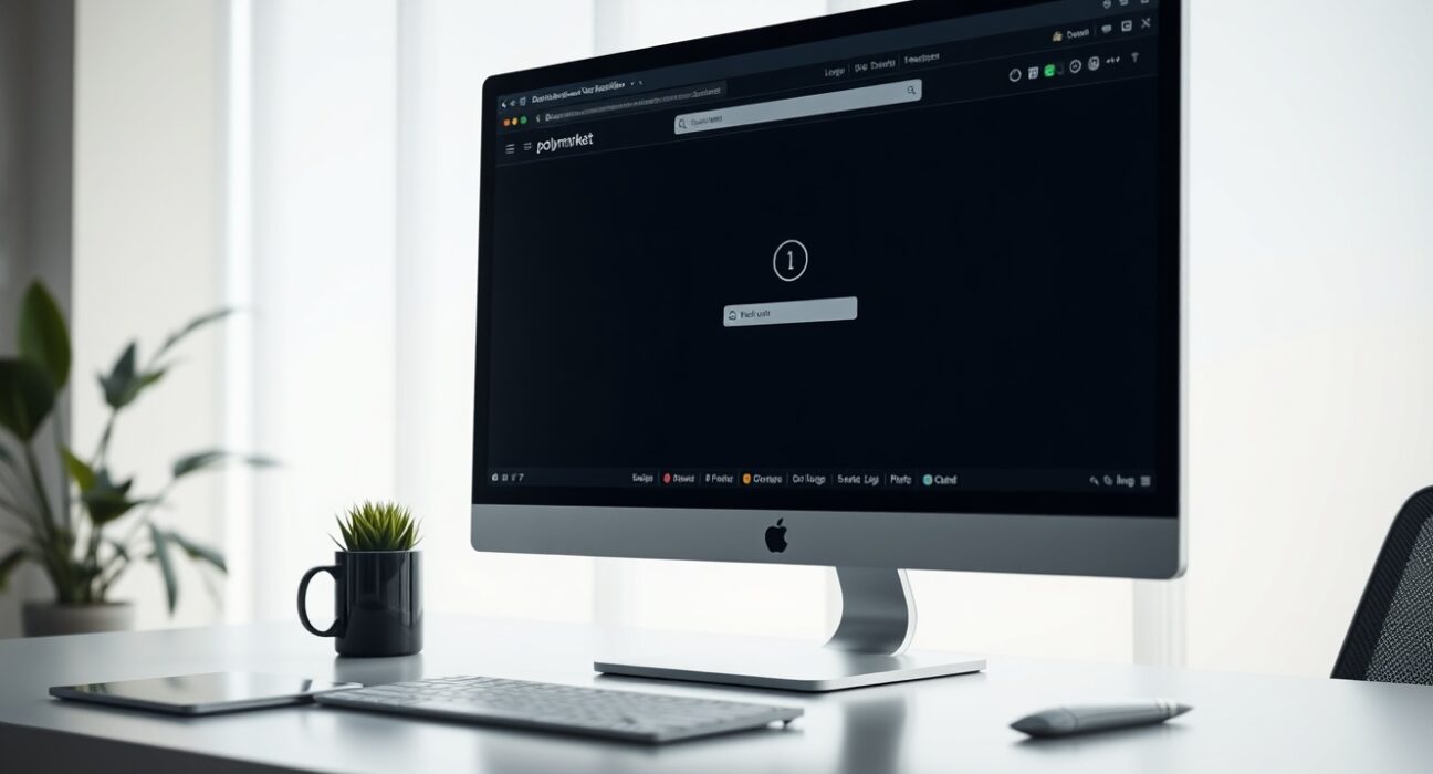 Polymarket website showing a trading error on a computer monitor in a professional office setting
