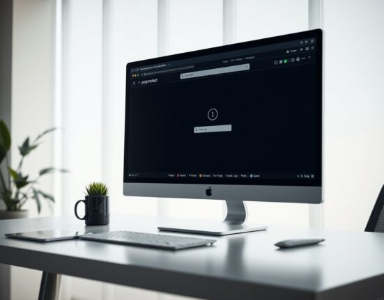 Polymarket website showing a trading error on a computer monitor in a professional office setting