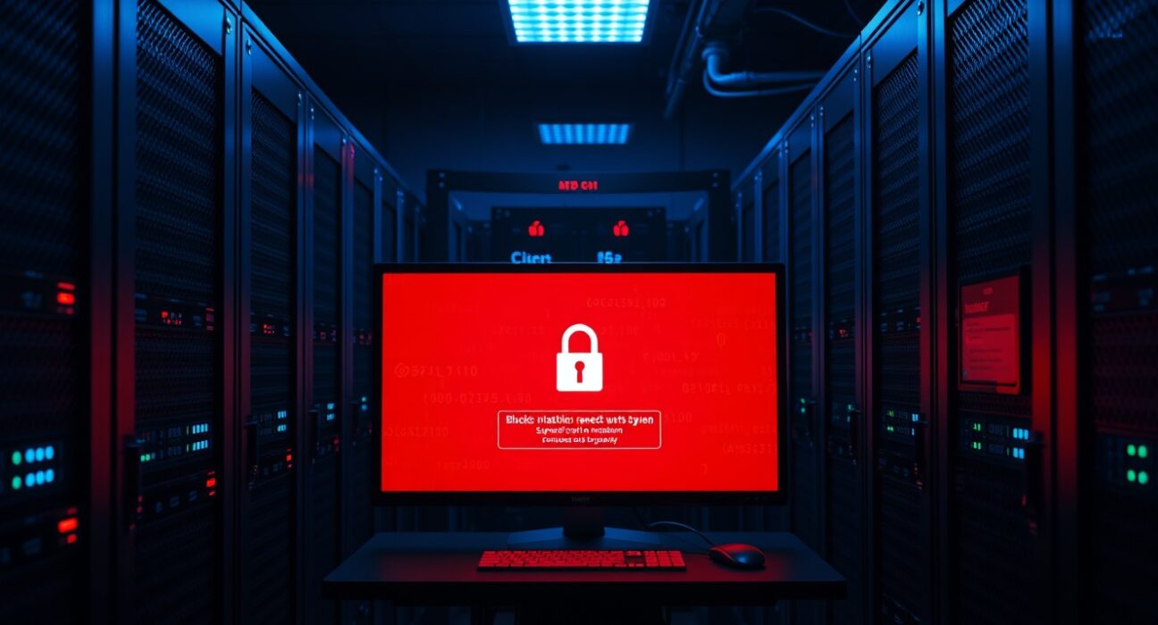 Server room with monitors showing blockchain security breach alerts and digital code