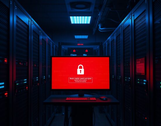 Server room with monitors showing blockchain security breach alerts and digital code