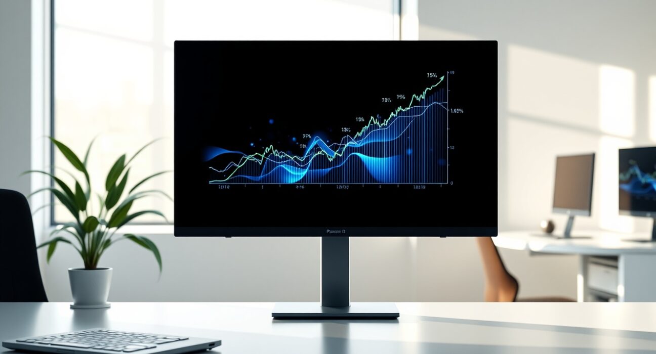Polymarket perpetual futures trading interface showing data visualizations in a professional newsroom setting.