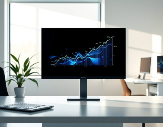 Polymarket perpetual futures trading interface showing data visualizations in a professional newsroom setting.