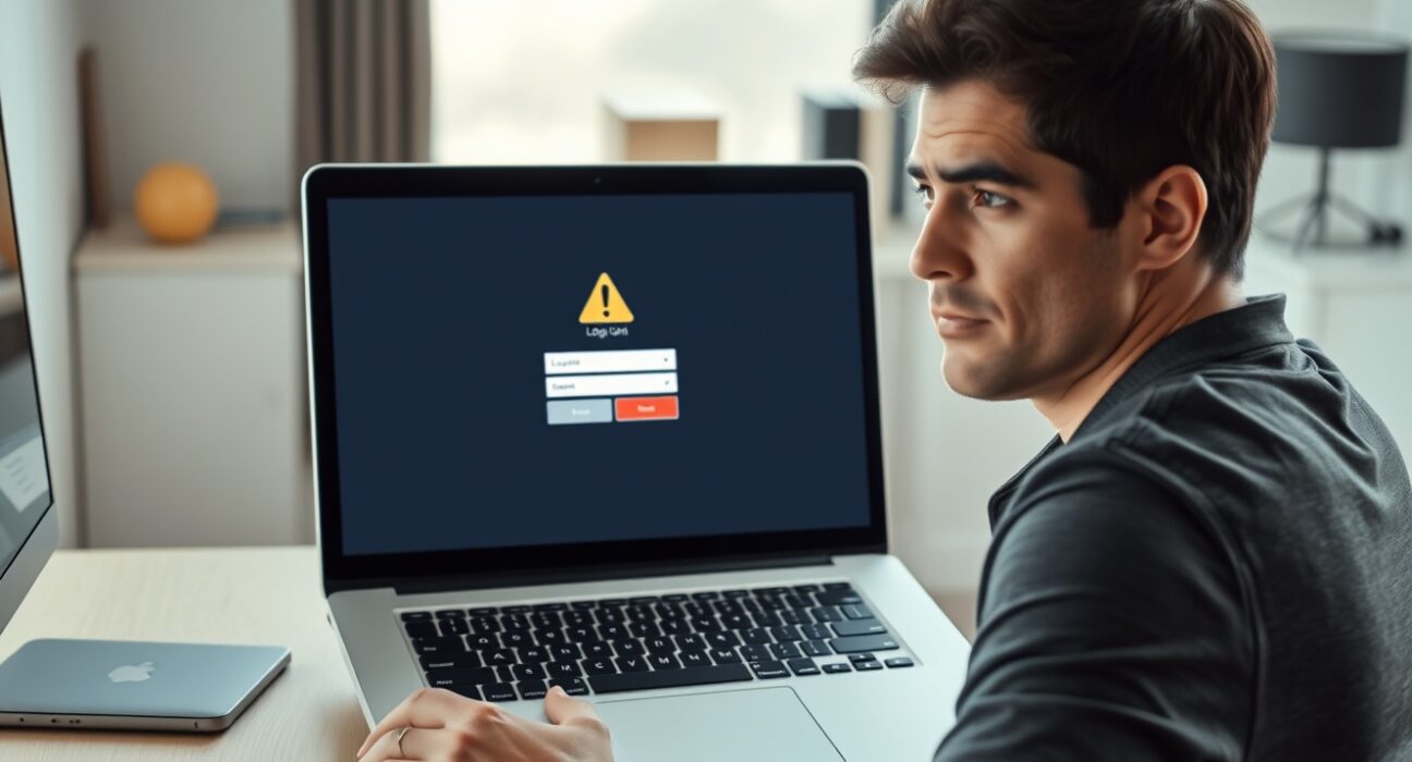 Person concerned while viewing a fake crypto login page on a laptop in a home office