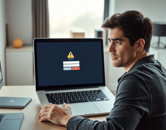 Person concerned while viewing a fake crypto login page on a laptop in a home office