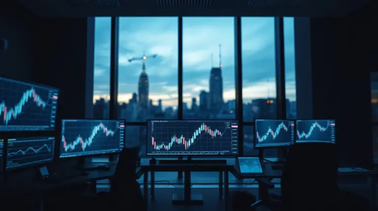 A modern trading workstation with charts illustrating Polymarket's Protocol V2 prediction market upgrade