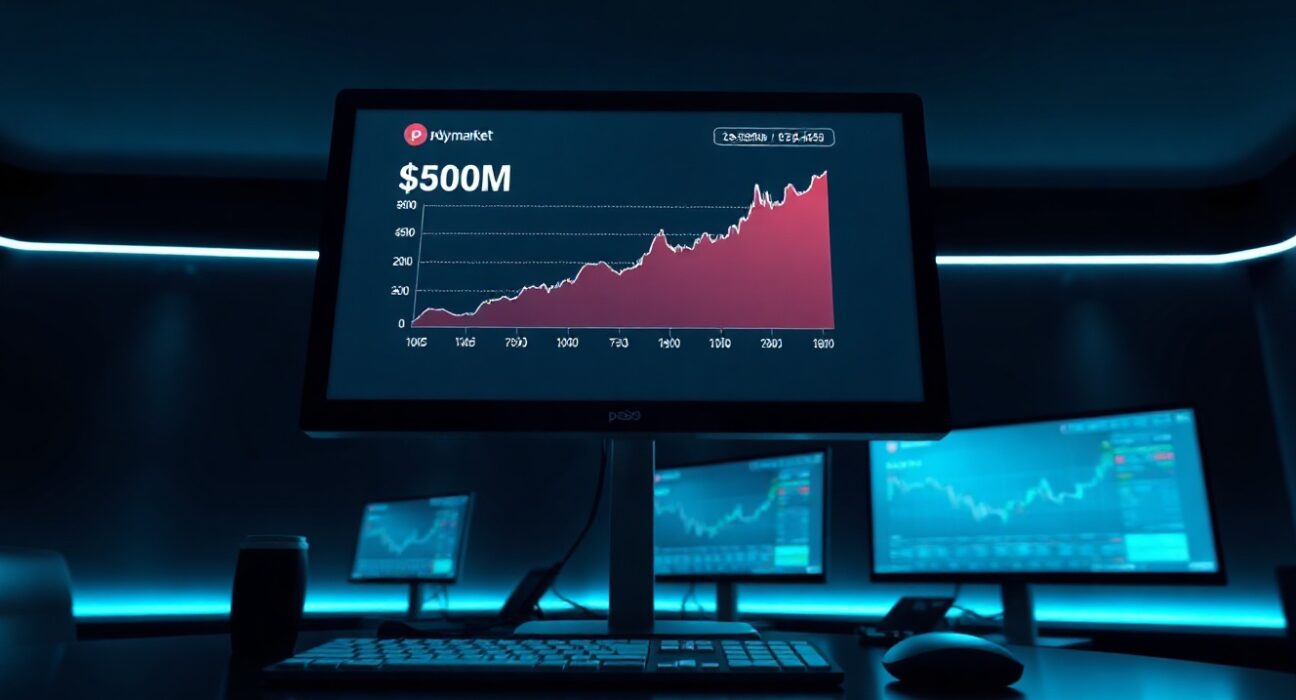 Dashboard showing Polymarket's pUSD stablecoin supply surpassing $500 million on a monitor in a trading room
