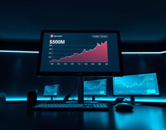 Dashboard showing Polymarket's pUSD stablecoin supply surpassing $500 million on a monitor in a trading room
