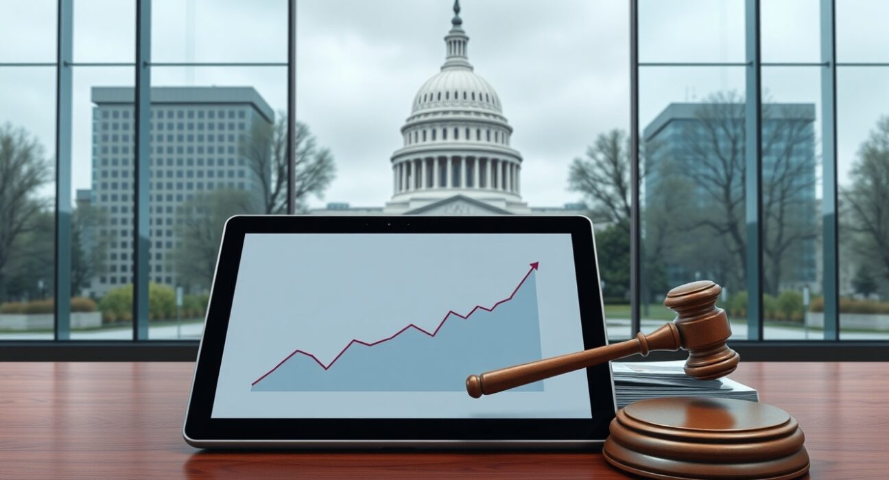 Polymarket plans to resume US services pending CFTC approval, showing a tablet with a chart and official documents on a desk near the US Capitol.
