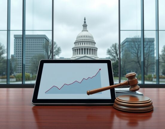 Polymarket plans to resume US services pending CFTC approval, showing a tablet with a chart and official documents on a desk near the US Capitol.