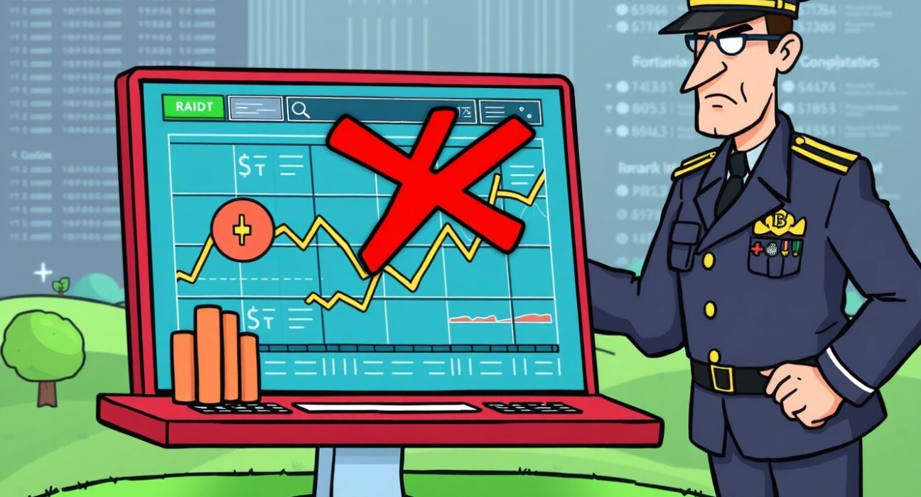 Cartoon showing Romanian authorities blocking the Polymarket prediction platform due to a Polymarket Romania blacklist.