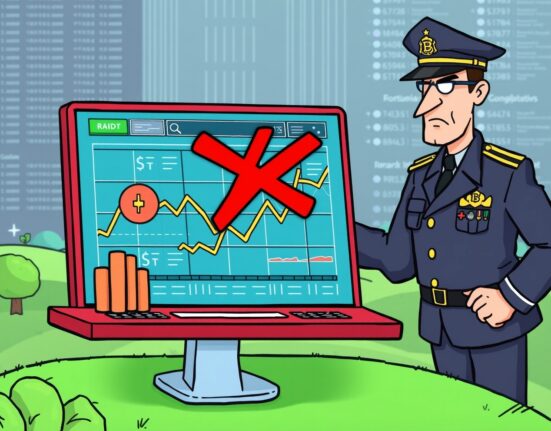 Cartoon showing Romanian authorities blocking the Polymarket prediction platform due to a Polymarket Romania blacklist.