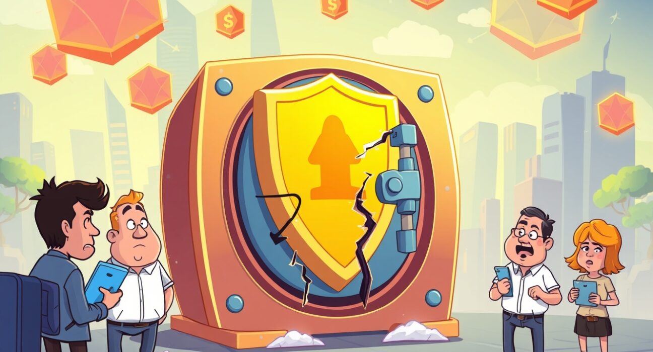 Cartoon illustration of a Polymarket security breach showing digital protection failure