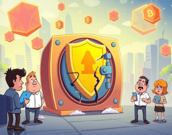 Cartoon illustration of a Polymarket security breach showing digital protection failure