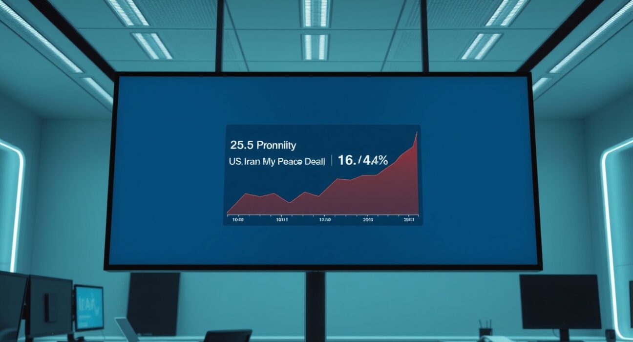 Polymarket interface showing a 16.4% probability for a US-Iran peace deal by May 15.