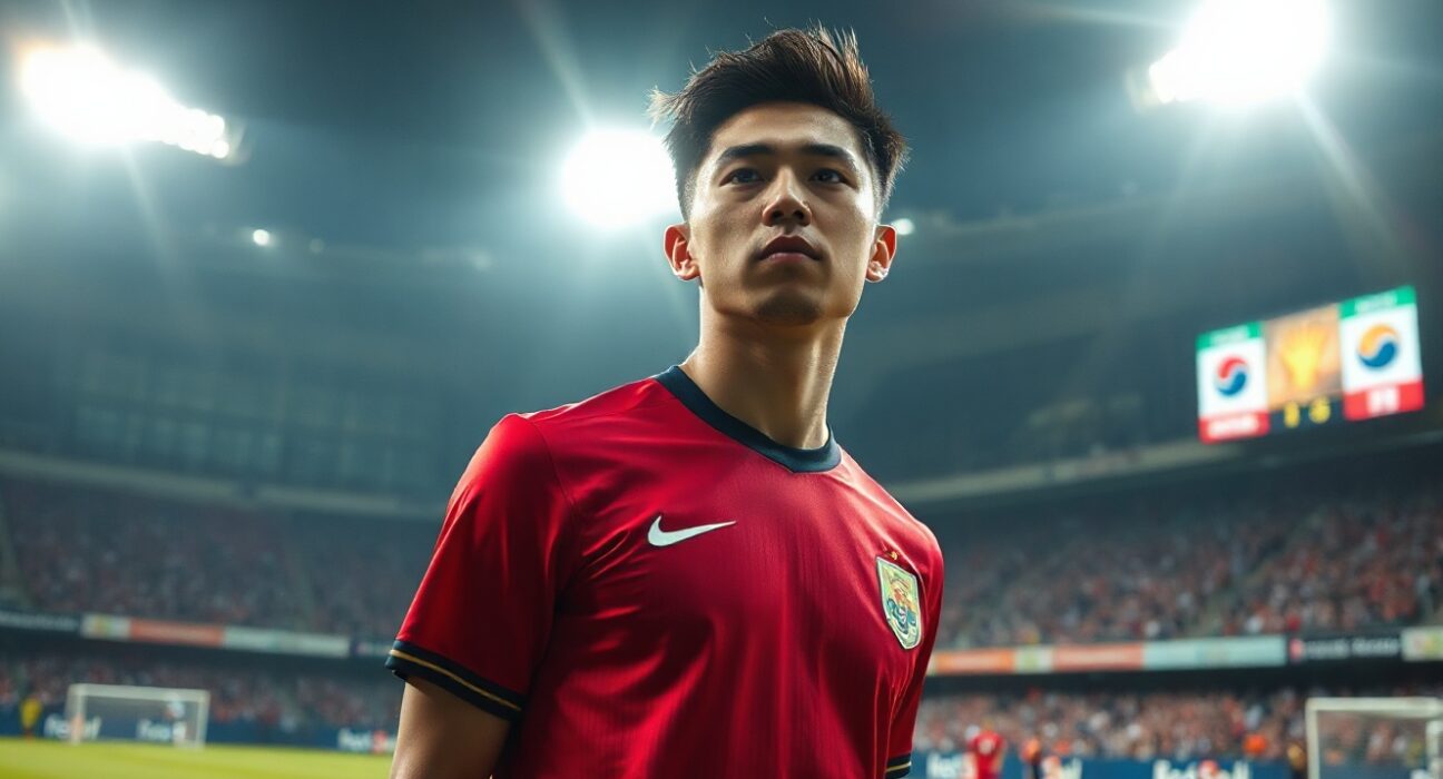 South Korean football player in red jersey on field under stadium lights