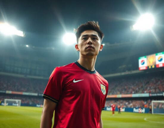 South Korean football player in red jersey on field under stadium lights