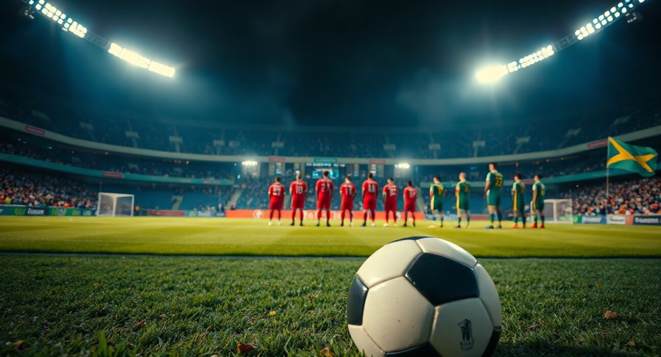 Football stadium with South Korea and South Africa players on the field before a World Cup match