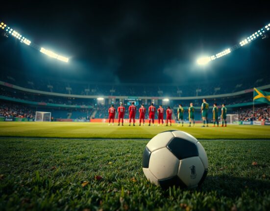 Football stadium with South Korea and South Africa players on the field before a World Cup match
