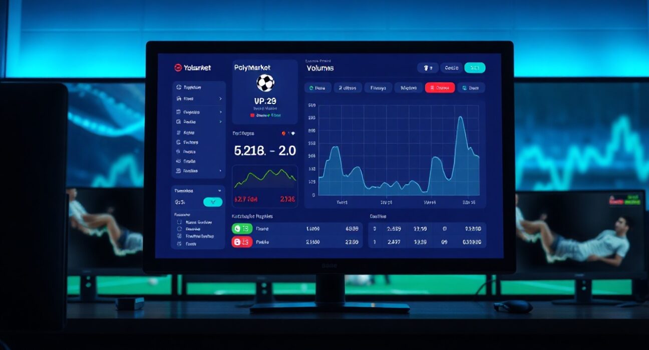 Digital dashboard showing Polymarket sports betting volume chart with a soccer ball icon and upward trend.