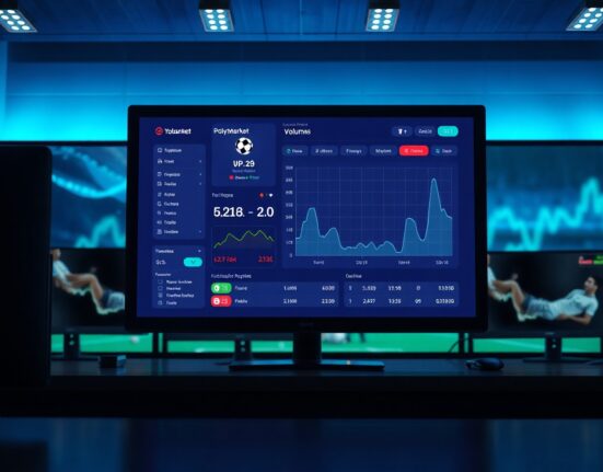 Digital dashboard showing Polymarket sports betting volume chart with a soccer ball icon and upward trend.