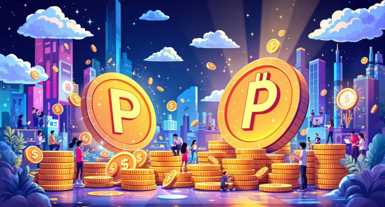 A cartoon illustration showing the innovative concept of a Polymarket stablecoin, representing financial stability in a decentralized prediction market.