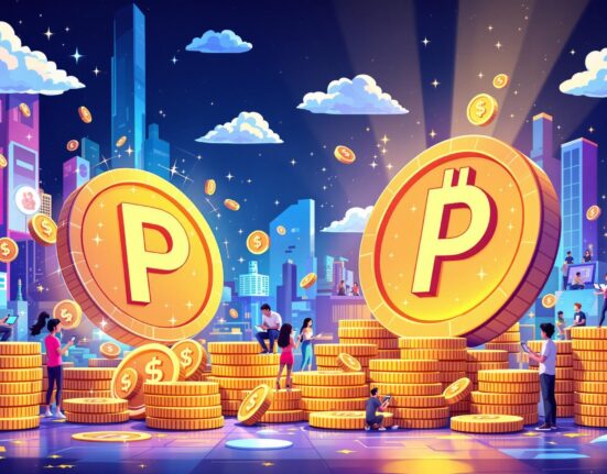 A cartoon illustration showing the innovative concept of a Polymarket stablecoin, representing financial stability in a decentralized prediction market.