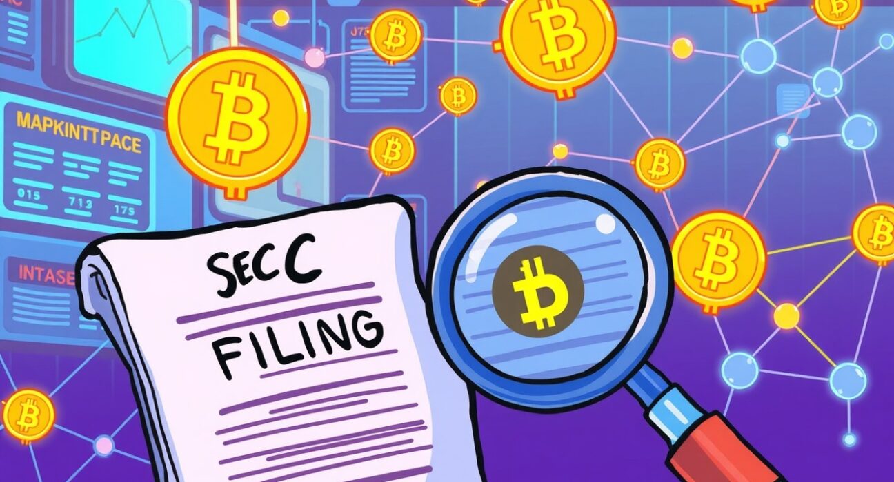 Cartoon illustration showing a magnifying glass over an SEC filing, symbolizing the discovery of potential Polymarket token plans in a decentralized market.