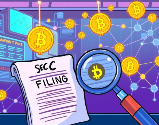Cartoon illustration showing a magnifying glass over an SEC filing, symbolizing the discovery of potential Polymarket token plans in a decentralized market.