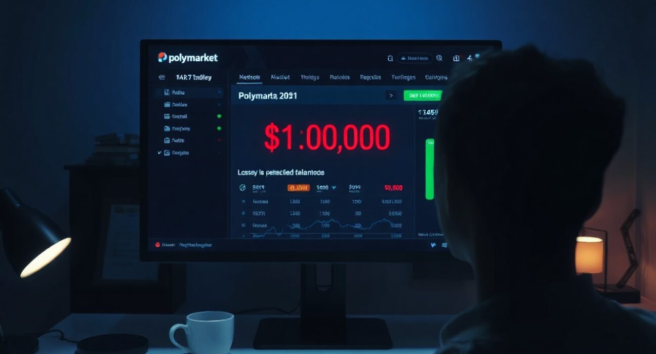 Person staring at Polymarket trading screen showing $1 million loss after Spain vs Cape Verde draw