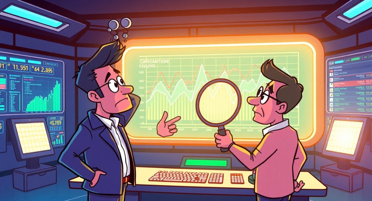 Cartoon illustration revealing inflated Polymarket trading volume through duplicated transaction data streams.