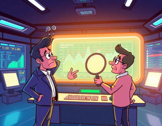 Cartoon illustration revealing inflated Polymarket trading volume through duplicated transaction data streams.