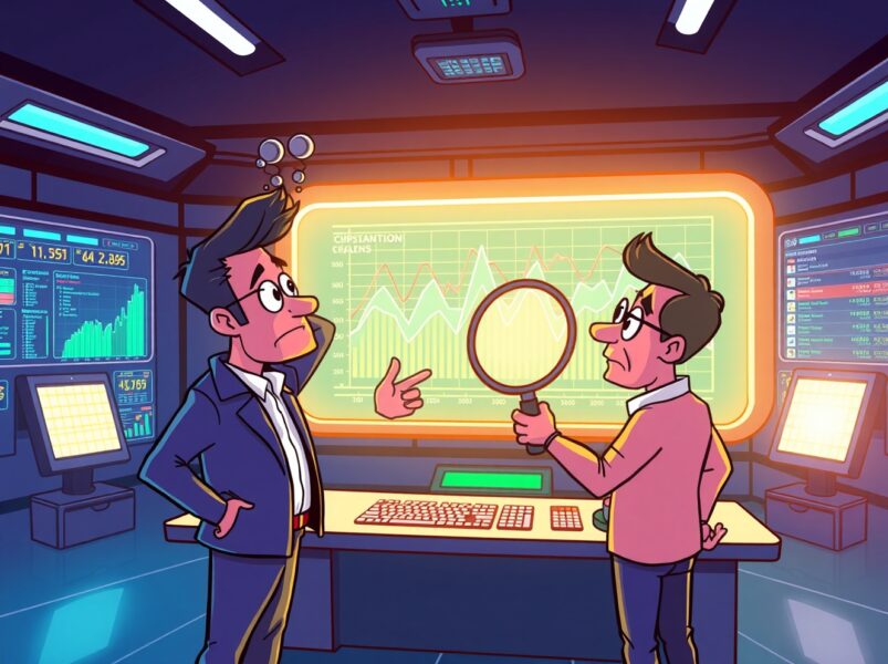 Cartoon illustration revealing inflated Polymarket trading volume through duplicated transaction data streams.