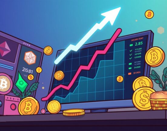 A vibrant cartoon illustrating the explosive Polymarket trading volume reaching new heights on a digital chart.