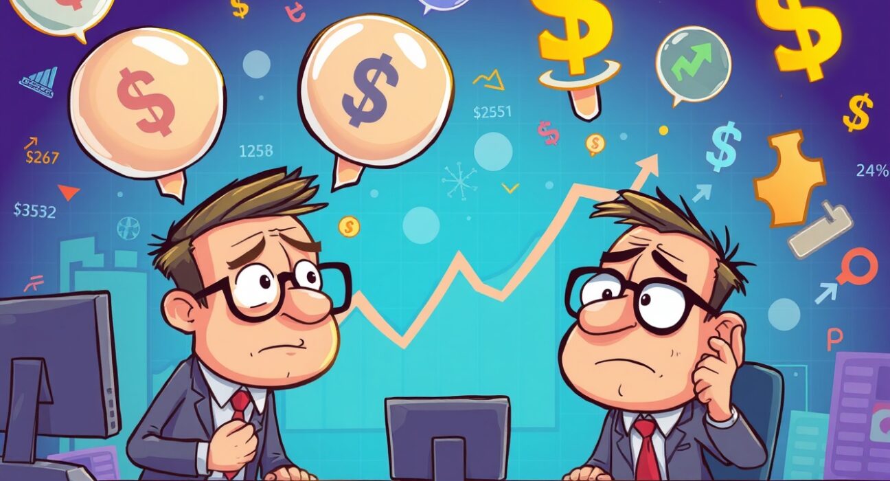 Cartoon illustration showing artificially inflated Polymarket trading volume with exaggerated charts and confused traders