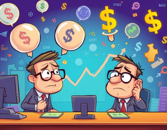 Cartoon illustration showing artificially inflated Polymarket trading volume with exaggerated charts and confused traders