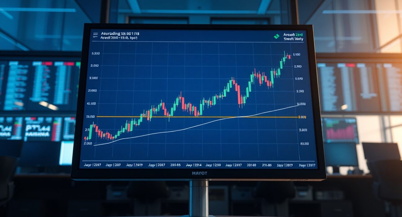 Digital trading screen showing a candlestick chart with a TWAP price line overlay on a trading floor