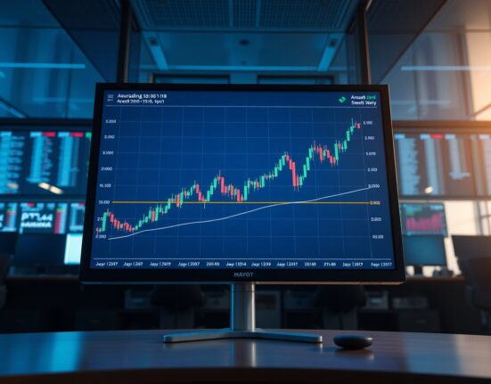 Digital trading screen showing a candlestick chart with a TWAP price line overlay on a trading floor